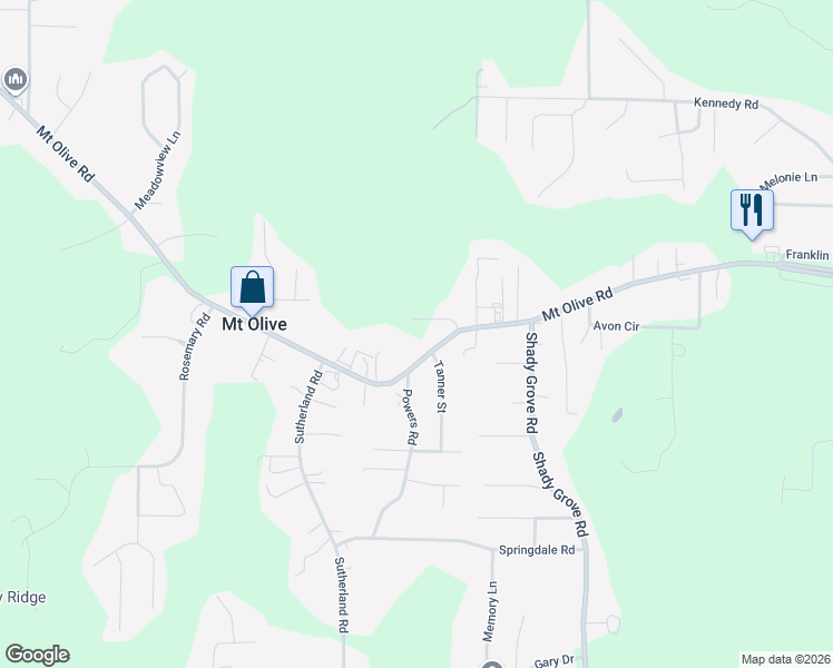 map of restaurants, bars, coffee shops, grocery stores, and more near 2575 Mount Olive Road in Mount Olive
