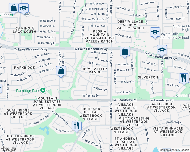 map of restaurants, bars, coffee shops, grocery stores, and more near 20449 North 93rd Avenue in Peoria