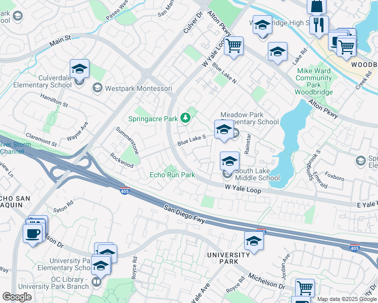 map of restaurants, bars, coffee shops, grocery stores, and more near 75 Thicket in Irvine
