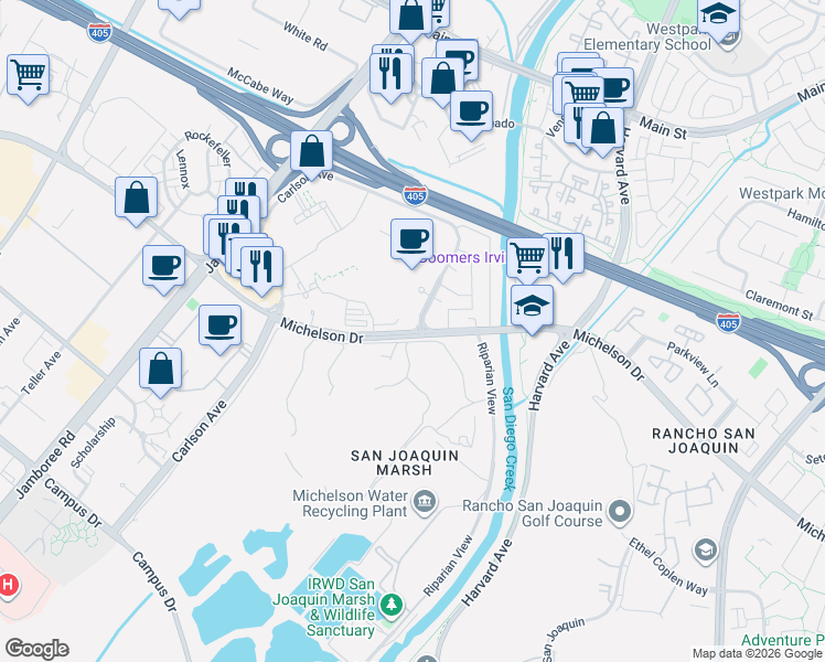 map of restaurants, bars, coffee shops, grocery stores, and more near 3349 Michelson Dr in Irvine