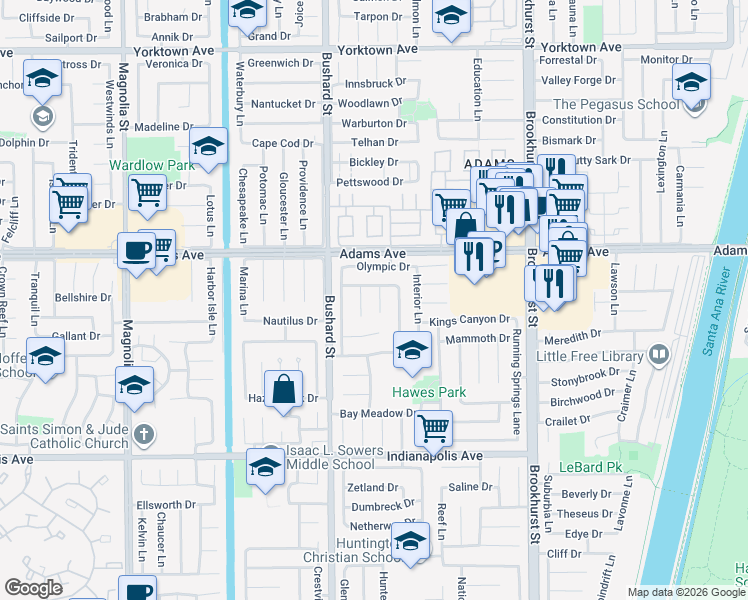 map of restaurants, bars, coffee shops, grocery stores, and more near 20122 Glacier Circle in Huntington Beach