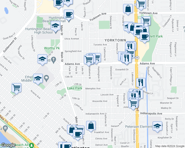 map of restaurants, bars, coffee shops, grocery stores, and more near 215 Oswego Avenue in Huntington Beach