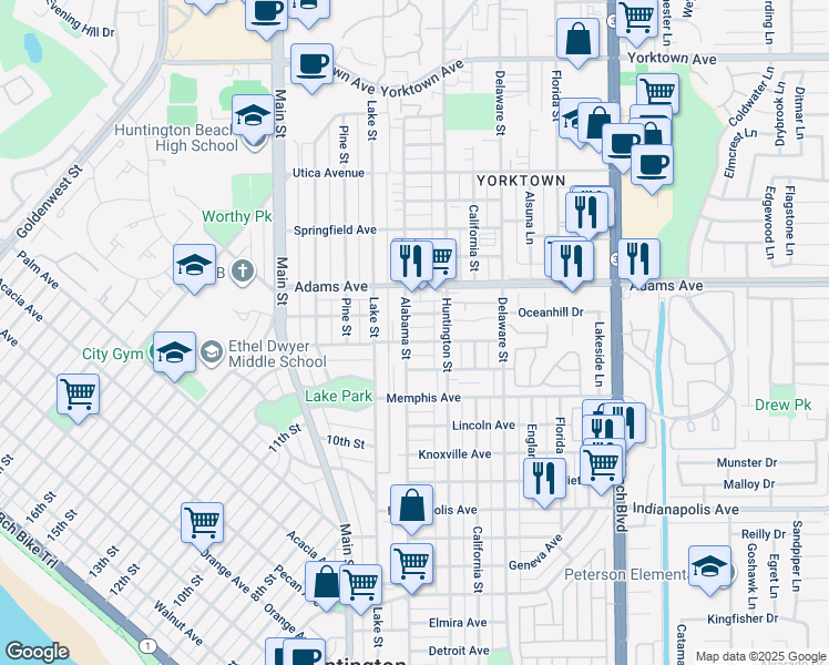 map of restaurants, bars, coffee shops, grocery stores, and more near 215 Oswego Avenue in Huntington Beach
