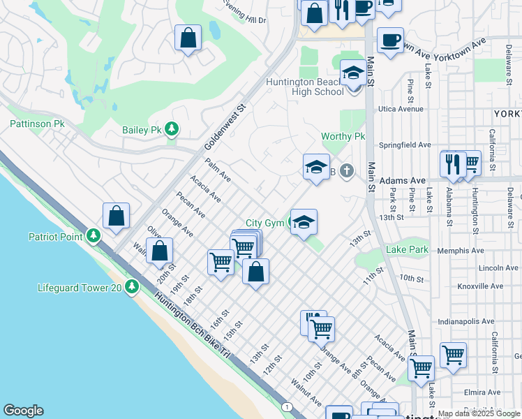 map of restaurants, bars, coffee shops, grocery stores, and more near 628 18th Street in Huntington Beach