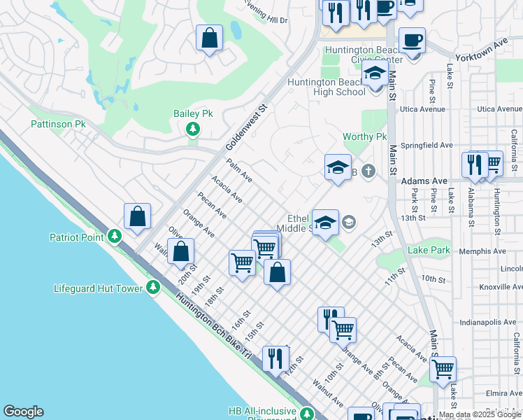 map of restaurants, bars, coffee shops, grocery stores, and more near 601 19th Street in Huntington Beach