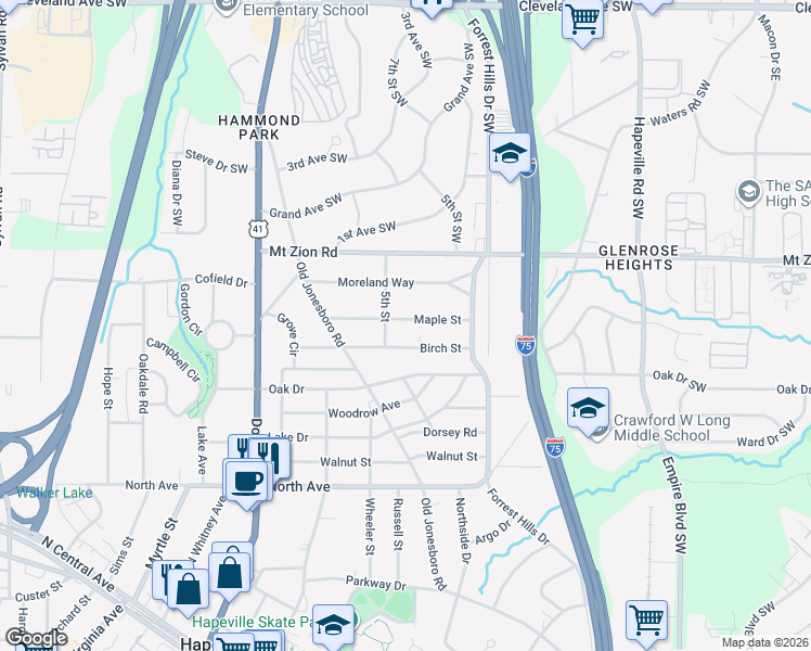 map of restaurants, bars, coffee shops, grocery stores, and more near 256 Maple Street in Atlanta