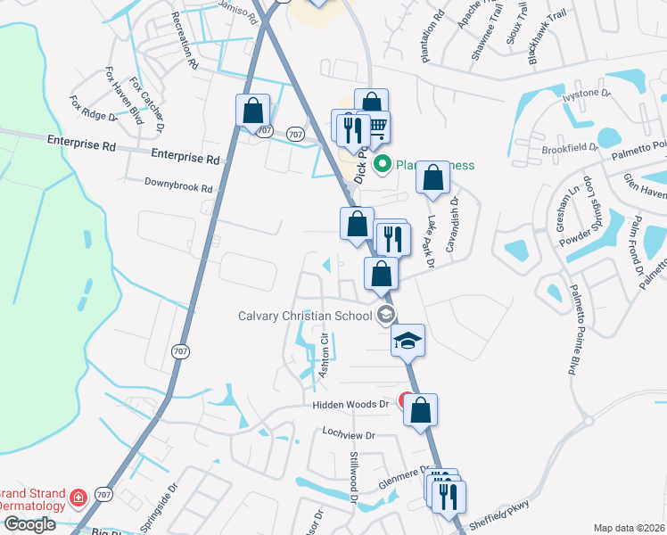map of restaurants, bars, coffee shops, grocery stores, and more near 211 Berkshire Drive in Myrtle Beach