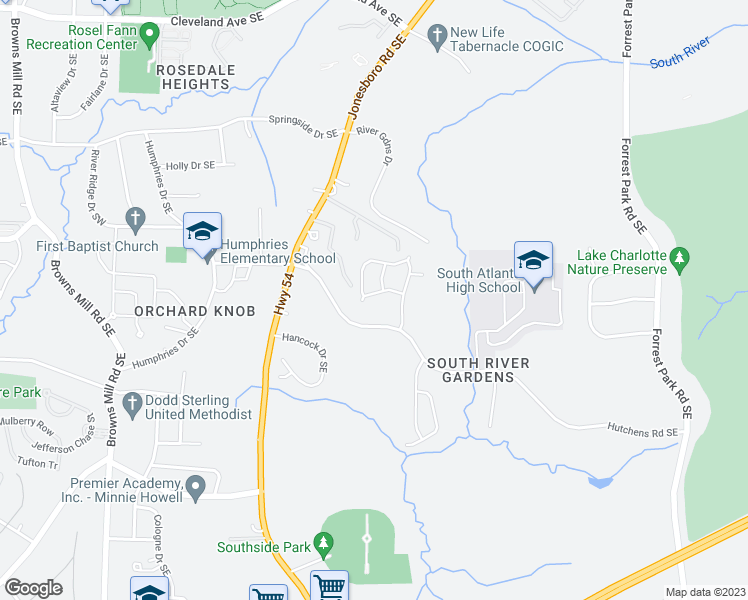 map of restaurants, bars, coffee shops, grocery stores, and more near 627 Sandys Lane Southeast in Atlanta