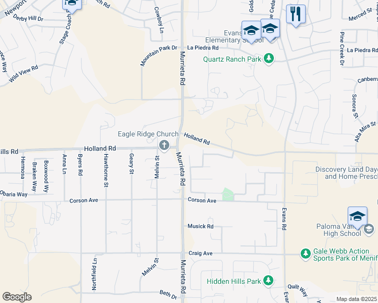 map of restaurants, bars, coffee shops, grocery stores, and more near 31013 Little Camille Way in Menifee