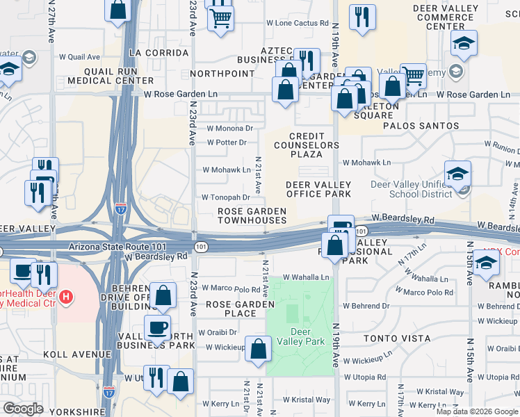 map of restaurants, bars, coffee shops, grocery stores, and more near 2101 West Yukon Drive in Phoenix
