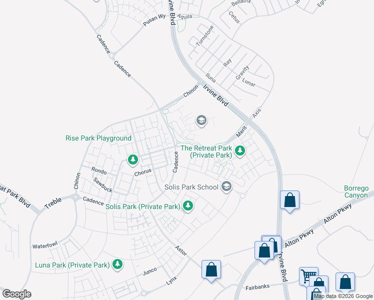 map of restaurants, bars, coffee shops, grocery stores, and more near C Street in Irvine