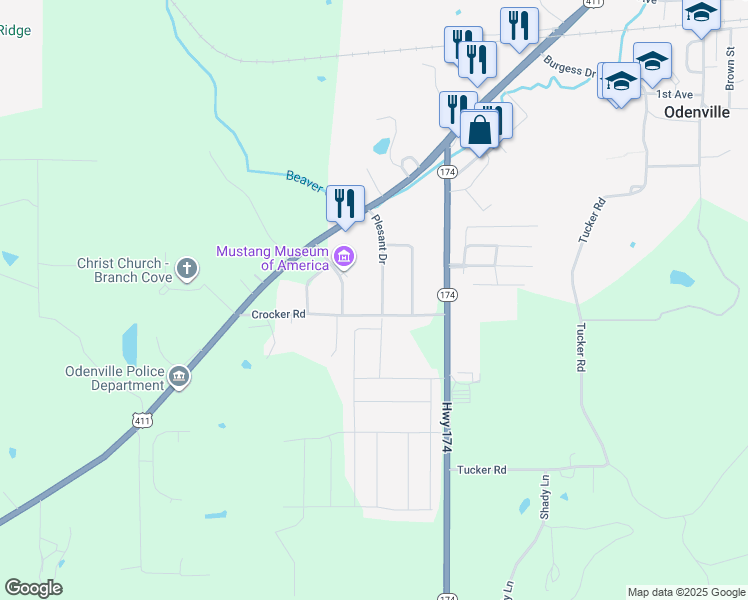 map of restaurants, bars, coffee shops, grocery stores, and more near 45 Pleasant Dr in Odenville