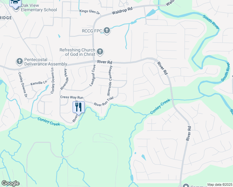 map of restaurants, bars, coffee shops, grocery stores, and more near 3400 River Run Trail in Decatur
