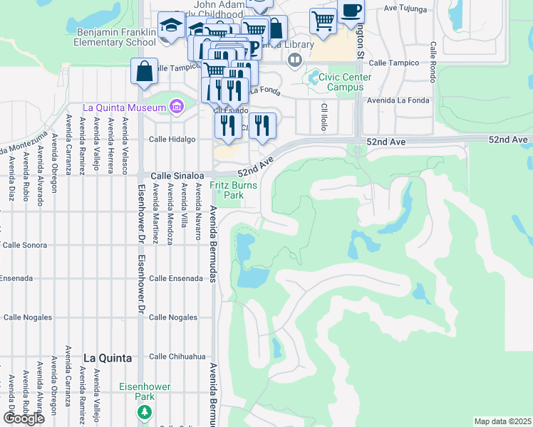 map of restaurants, bars, coffee shops, grocery stores, and more near 78233 Birkdale Court in La Quinta