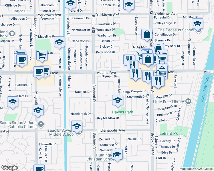 map of restaurants, bars, coffee shops, grocery stores, and more near 20122 Glacier Circle in Huntington Beach