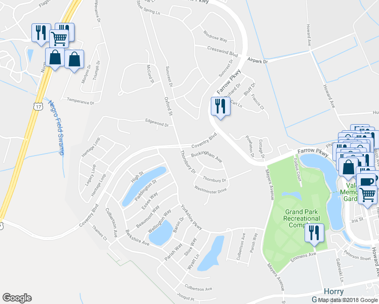 map of restaurants, bars, coffee shops, grocery stores, and more near 1518 Buckingham Avenue in Myrtle Beach