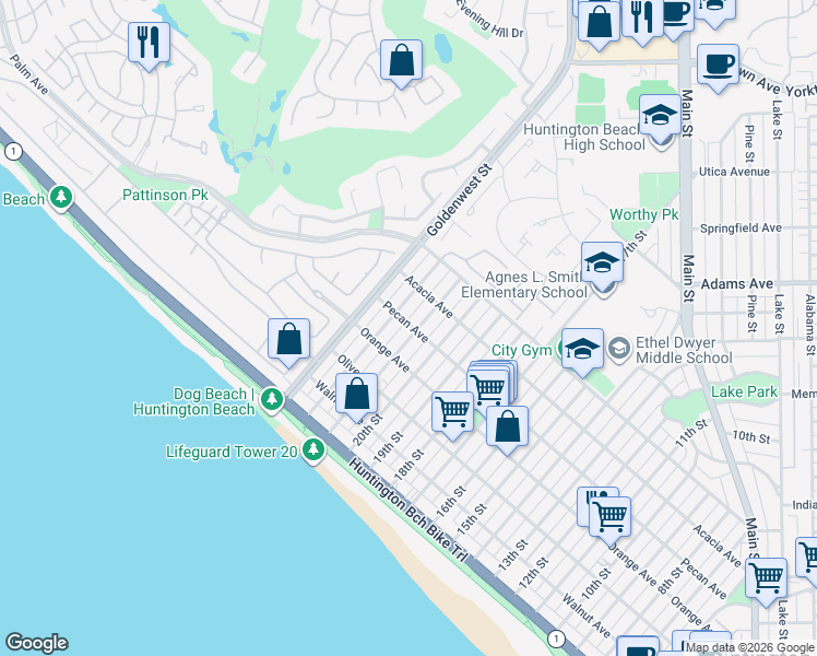 map of restaurants, bars, coffee shops, grocery stores, and more near 427 21st Street in Huntington Beach