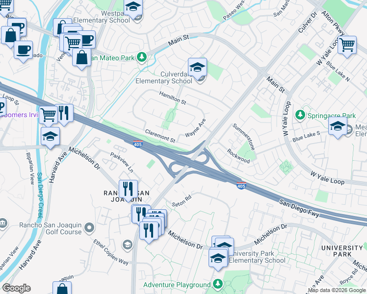 map of restaurants, bars, coffee shops, grocery stores, and more near 3906 Claremont Street in Irvine
