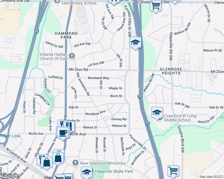 map of restaurants, bars, coffee shops, grocery stores, and more near 244 Maple Street in Atlanta