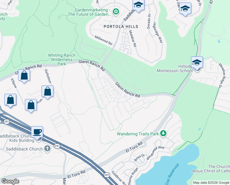 map of restaurants, bars, coffee shops, grocery stores, and more near 420 Coyote Pass in Lake Forest
