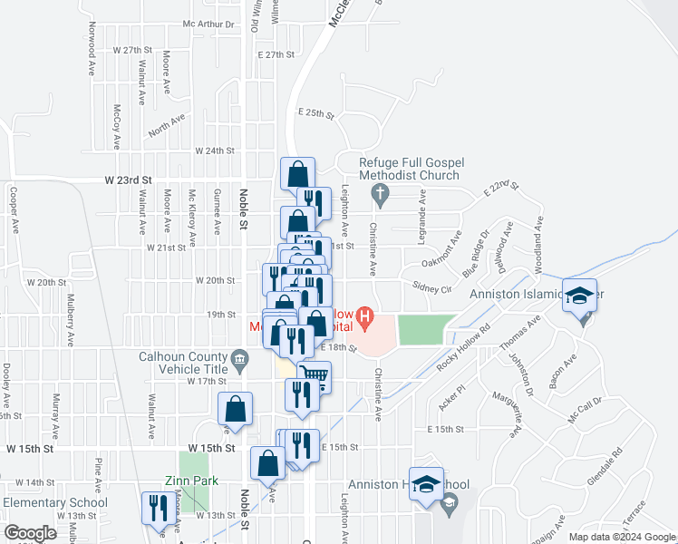 map of restaurants, bars, coffee shops, grocery stores, and more near 2004 Leighton Avenue in Anniston