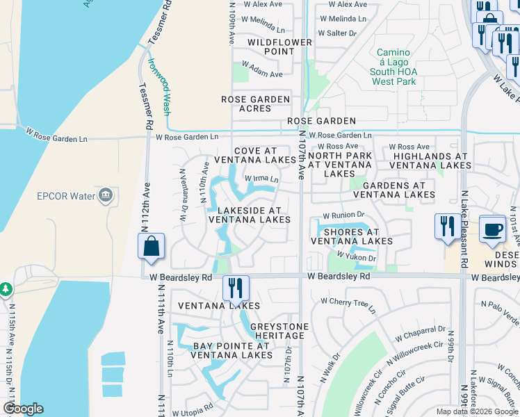 map of restaurants, bars, coffee shops, grocery stores, and more near 20364 North 109th Avenue in Sun City