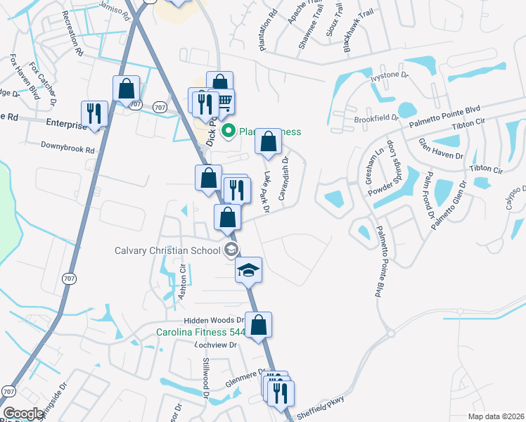 map of restaurants, bars, coffee shops, grocery stores, and more near 548 Lake Park Drive in Myrtle Beach