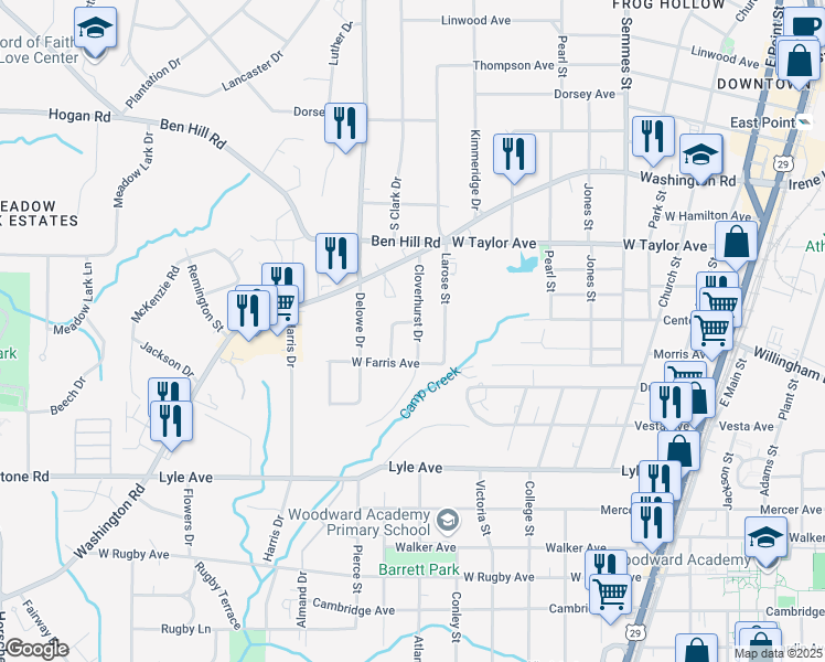 map of restaurants, bars, coffee shops, grocery stores, and more near 3109 Cloverhurst Drive in East Point