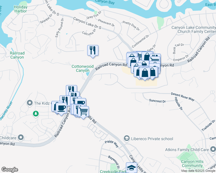 map of restaurants, bars, coffee shops, grocery stores, and more near 23170 Skylink Drive in Canyon Lake