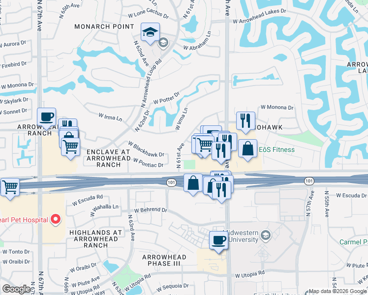 map of restaurants, bars, coffee shops, grocery stores, and more near 20258 North 61st Avenue in Glendale
