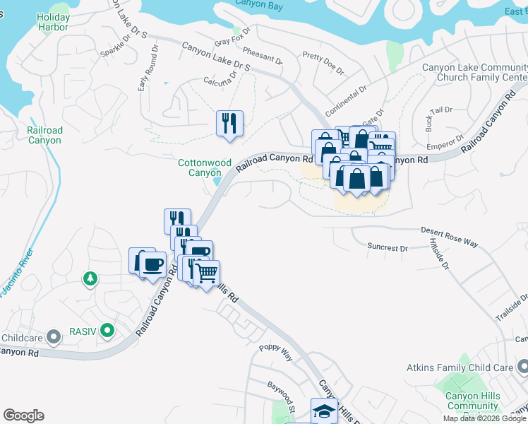 map of restaurants, bars, coffee shops, grocery stores, and more near 23130 Skylink Drive in Canyon Lake