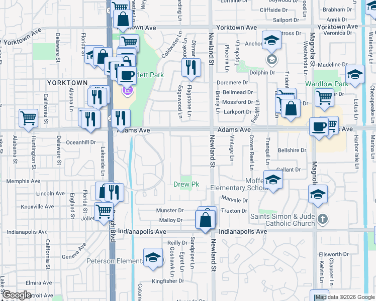 map of restaurants, bars, coffee shops, grocery stores, and more near 20102 Cape Cottage Lane in Huntington Beach