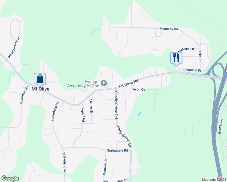 map of restaurants, bars, coffee shops, grocery stores, and more near 2470 Mount Olive Road in Mount Olive