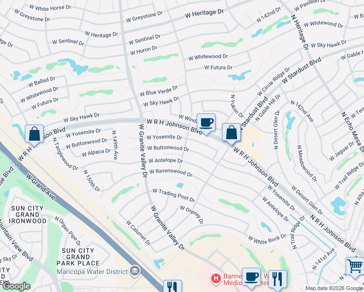 map of restaurants, bars, coffee shops, grocery stores, and more near 14702 West Buttonwood Drive in Sun City West