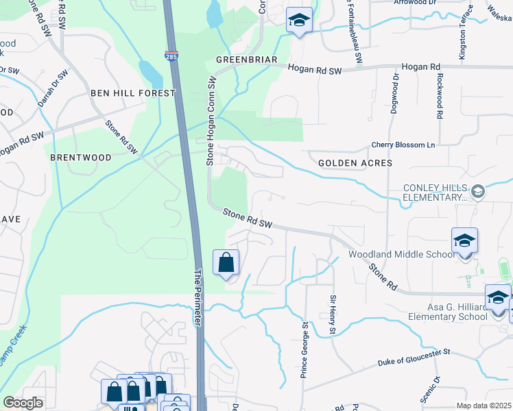 map of restaurants, bars, coffee shops, grocery stores, and more near 3158 Stonegate Drive in Atlanta