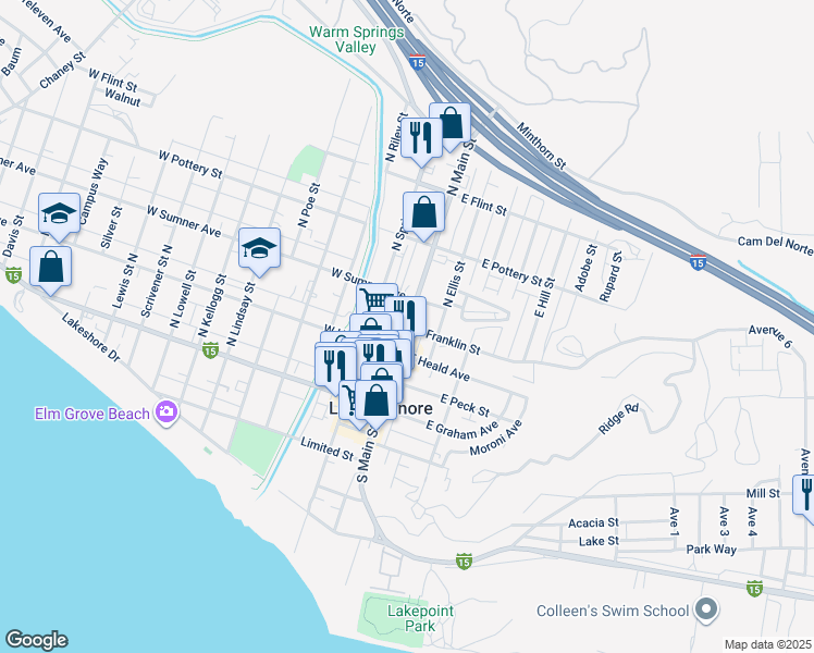 map of restaurants, bars, coffee shops, grocery stores, and more near 14 East Franklin Street in Lake Elsinore