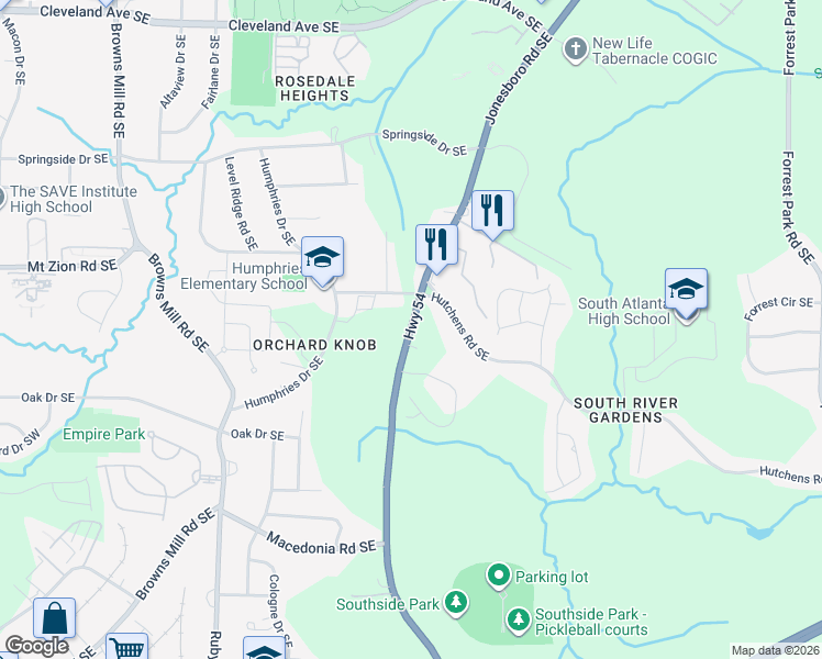 map of restaurants, bars, coffee shops, grocery stores, and more near 3100 Highway 54 in Atlanta