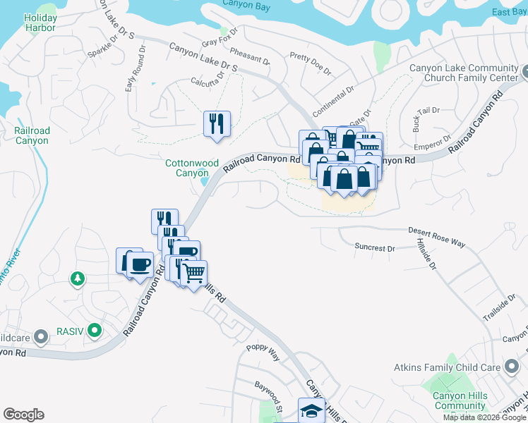 map of restaurants, bars, coffee shops, grocery stores, and more near 23130 Skylink Drive in Canyon Lake