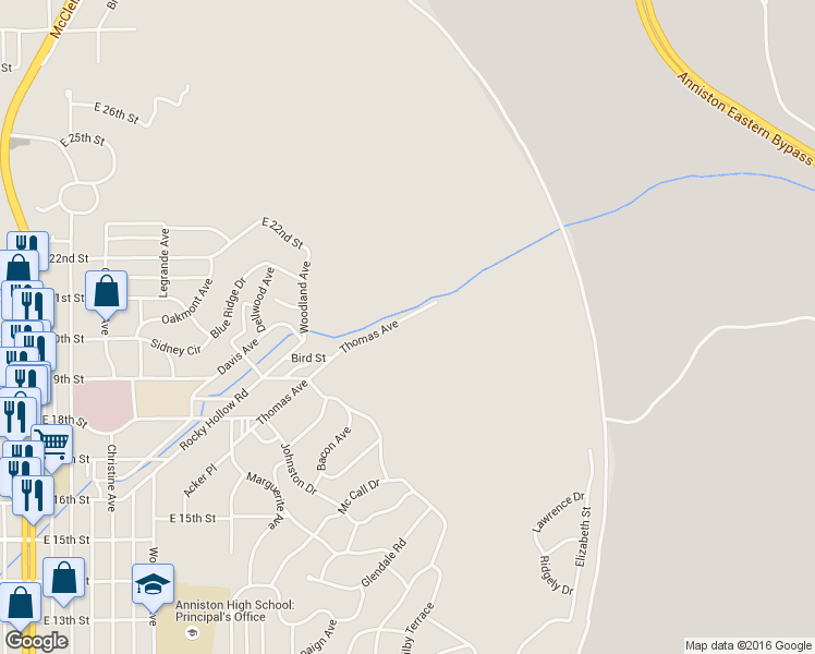 map of restaurants, bars, coffee shops, grocery stores, and more near 2111 Thomas Avenue in Anniston