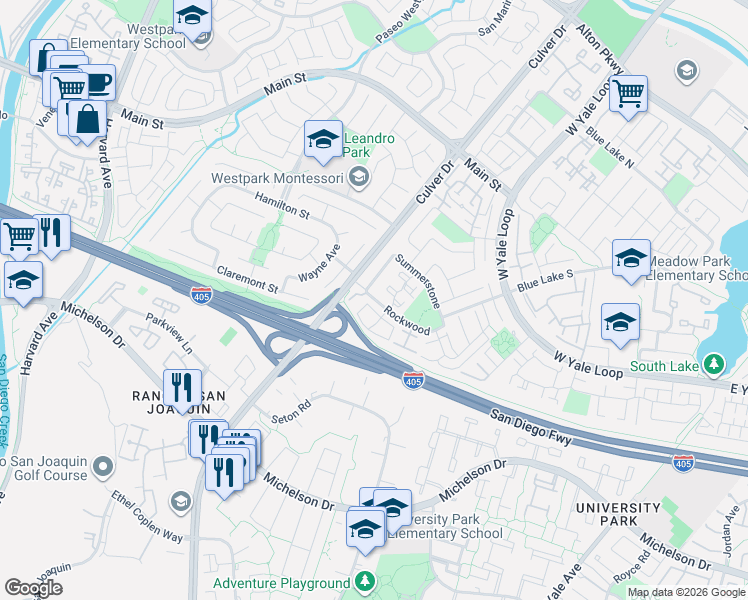 map of restaurants, bars, coffee shops, grocery stores, and more near 165 Fairside in Irvine