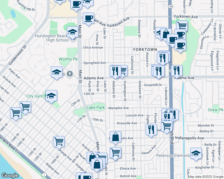 map of restaurants, bars, coffee shops, grocery stores, and more near 1102 Lake Street in Huntington Beach
