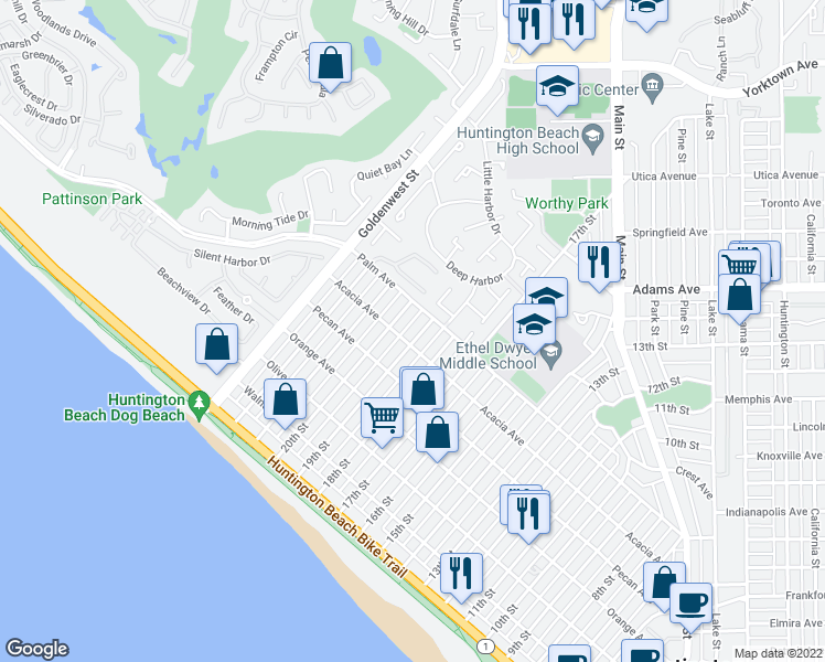 map of restaurants, bars, coffee shops, grocery stores, and more near 601 19th Street in Huntington Beach