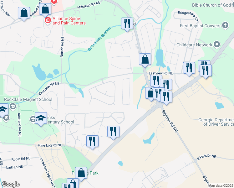 map of restaurants, bars, coffee shops, grocery stores, and more near in Conyers