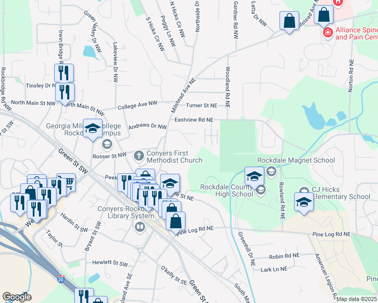 map of restaurants, bars, coffee shops, grocery stores, and more near 1025 Locust Drive Northeast in Conyers