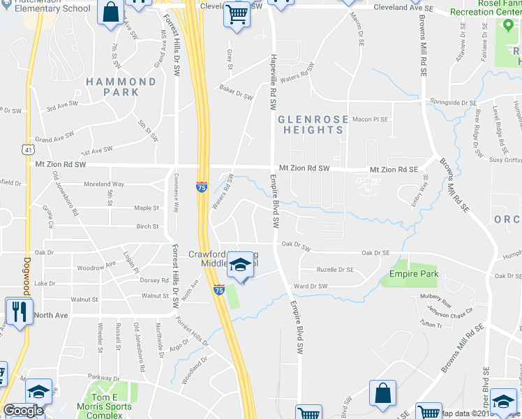 map of restaurants, bars, coffee shops, grocery stores, and more near 3080 Lone Oak Avenue Southwest in Atlanta