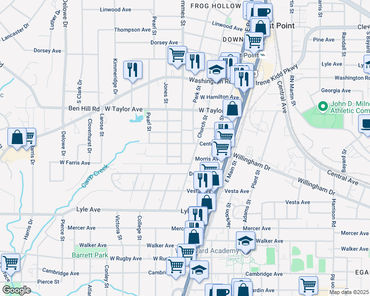 map of restaurants, bars, coffee shops, grocery stores, and more near 3113 Church Street in East Point