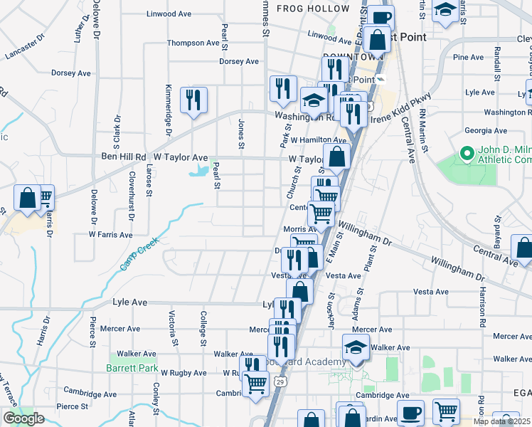 map of restaurants, bars, coffee shops, grocery stores, and more near 3113 Church Street in East Point