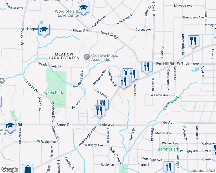 map of restaurants, bars, coffee shops, grocery stores, and more near 2341 Jackson Drive in East Point
