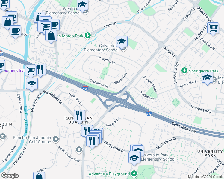 map of restaurants, bars, coffee shops, grocery stores, and more near 3906 Claremont Street in Irvine