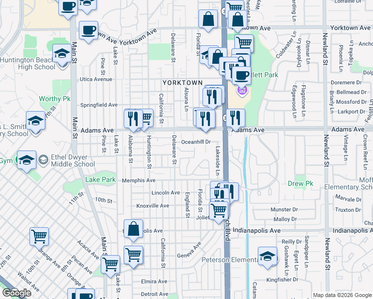 map of restaurants, bars, coffee shops, grocery stores, and more near 519 Amber Drive in Huntington Beach